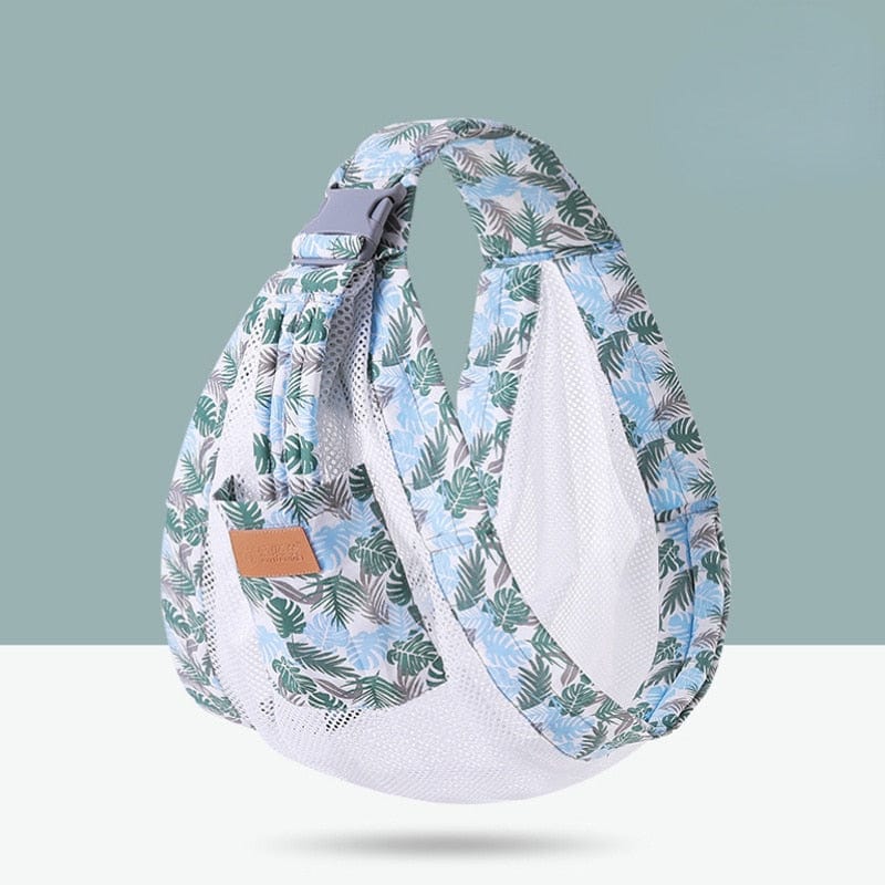 Détail de l'écharpe de portage ergonomique en tissu maillé gris, confort et sécurité pour le lien parent-enfant.