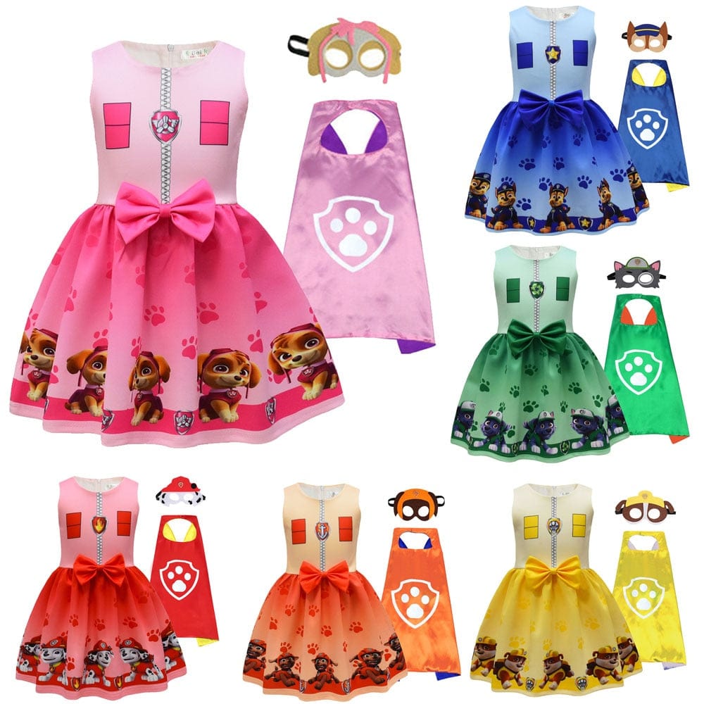 Déguisement Pat Patrouille pour fille avec robe, cape et masque, idéal carnaval enfant.