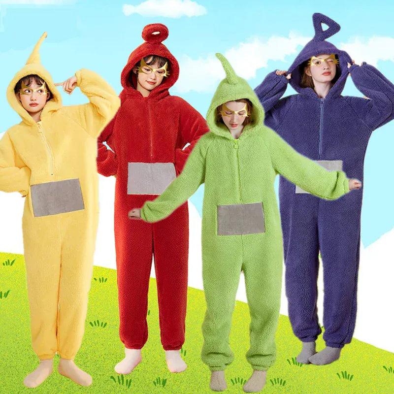 Déguisement pyjama Teletubbies Tinky Winky, kigurumi unisexe doux pour enfants et adultes, parfait pour fête costumée.