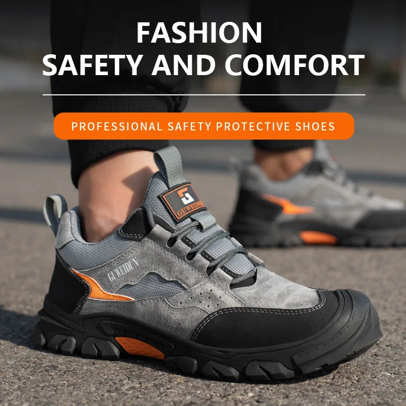 Chaussures de sécurité unisexes confortables en cuir PU respirant. Design moderne pour atelier et travail quotidien.