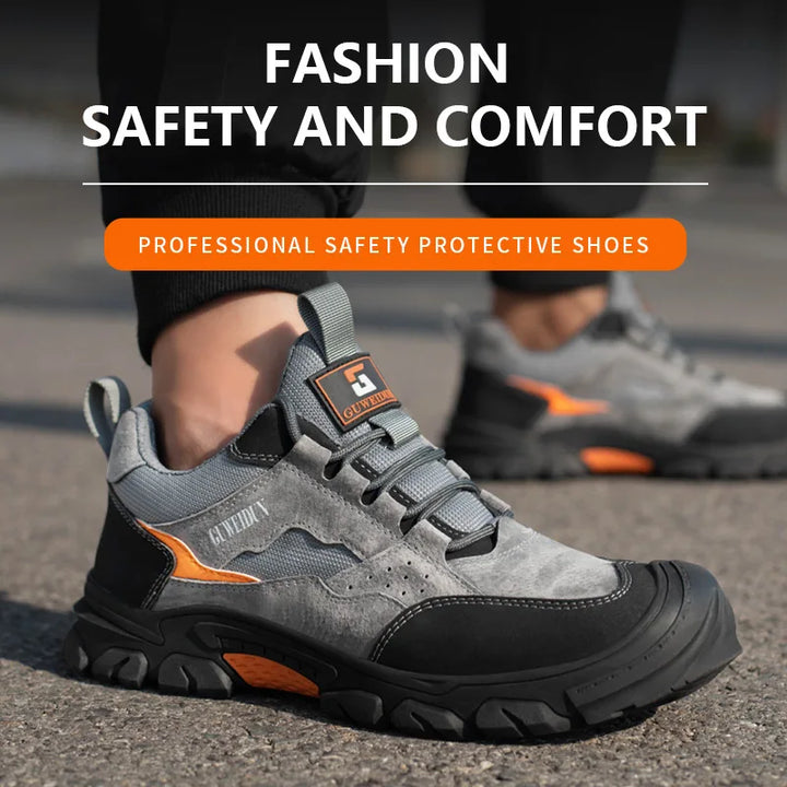 Chaussures de sécurité unisexes confortables en cuir PU respirant. Design moderne pour atelier et travail quotidien.