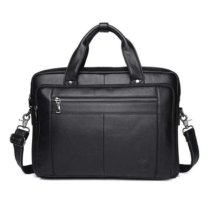 Sac à main homme professionnel en cuir marron, doté d'une bandoulière ajustable pour le voyage.