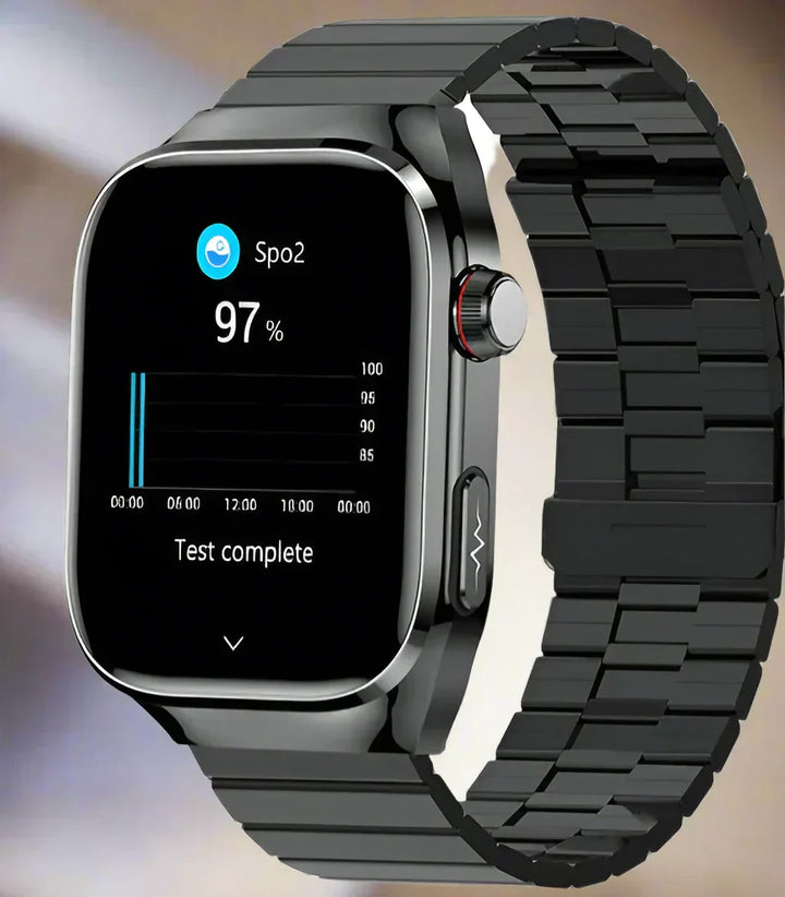 Montre connectée unisexe noire avec suivi glycémie et ECG, idéale pour sport et bien-être.