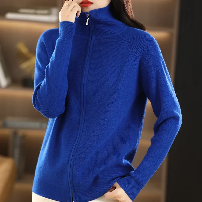 Veste cardigan femme chic, couleur crème, avec fermeture éclair bidirectionnelle, pour un look élégant et décontracté.