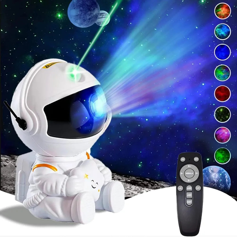 Projecteur d'étoiles astronaute créant une ambiance galactique avec nébuleuses colorées pour chambre d'enfant.