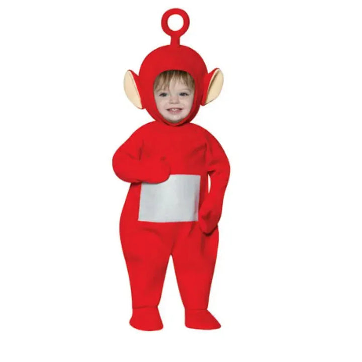 Costume Teletubbies rouge pour enfant, unisexe, doux et molletonné. Parfait pour fêtes, carnaval ou Halloween.
