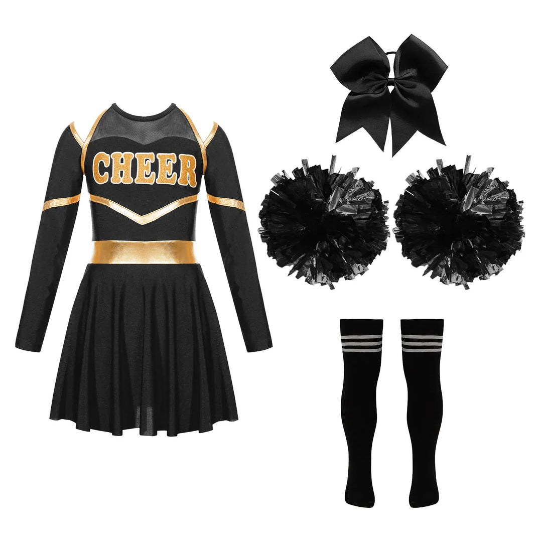 Tenue déguisement Pompom Girl fille, costume complet avec robe et pompons, idéal pour fête déguisée ou spectacle.