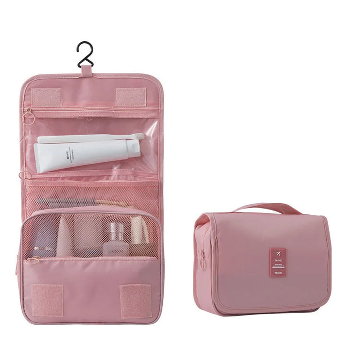 Trousse de toilette de voyage pliable, compacte pour le transport, se déplie pour une organisation facile.