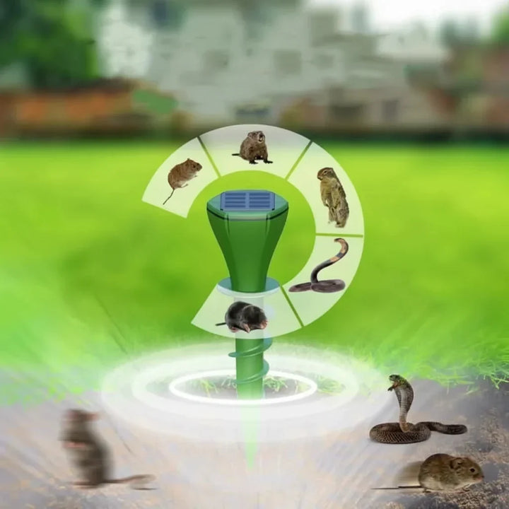 Dispositif répulsif solaire et écologique pour jardin, éloigne les taupes par ultrasons et vibrations.