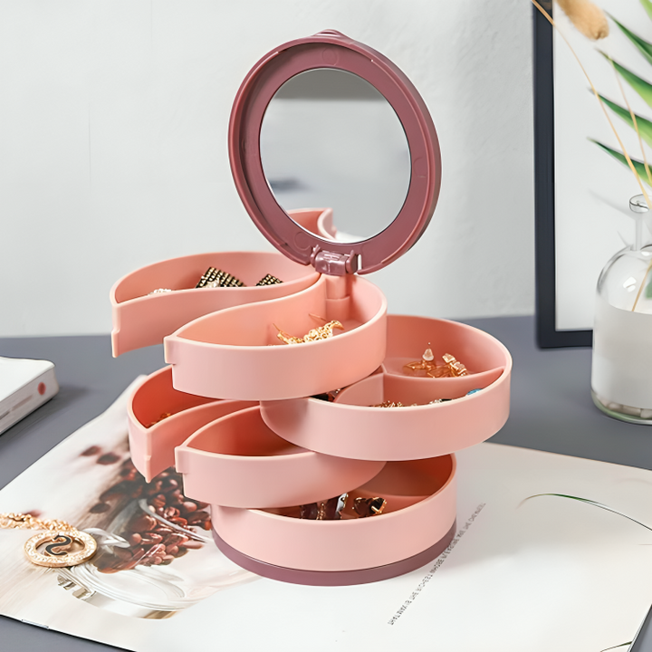 Organisateur de coiffeuse rotatif noir pour bijoux, solution compacte et élégante pour ranger vos accessoires femme.