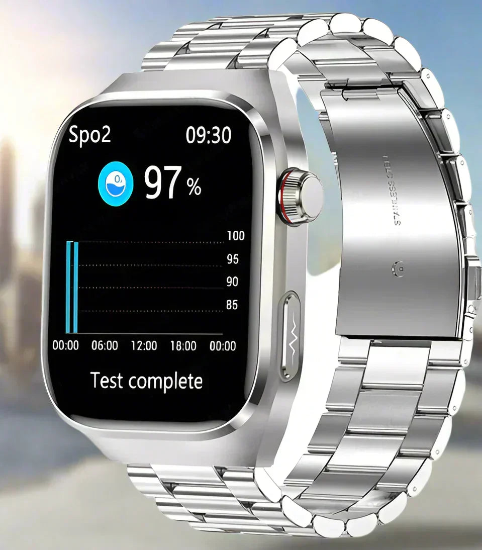 Montre intelligente ECG et mesure sucre sanguin. Technologie bien-être pour un suivi santé complet.