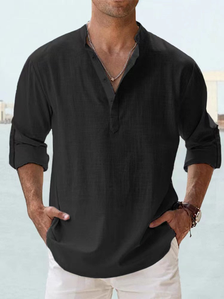 Élégante chemise homme à col chinois, coupe ample décontractée. Idéale pour le printemps et l'été.