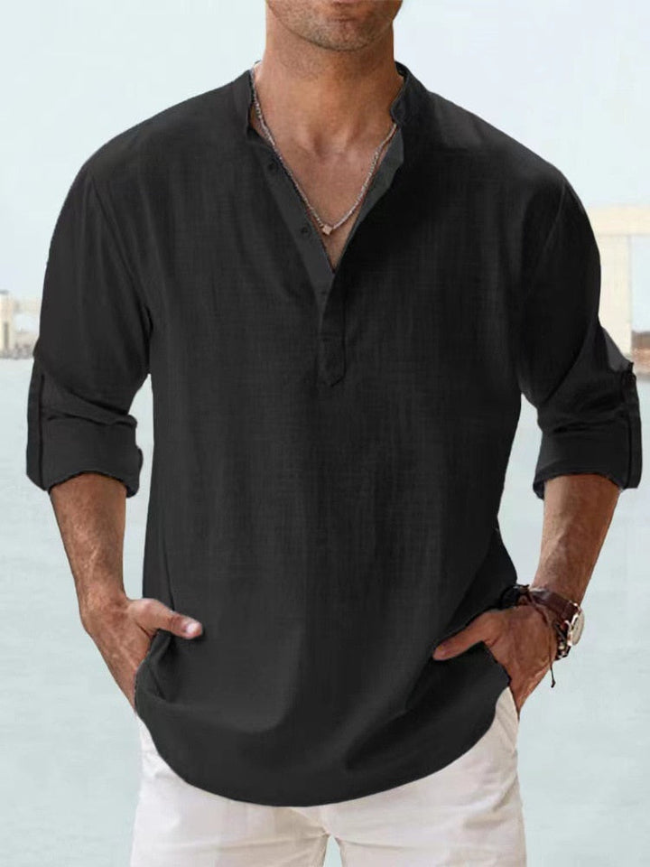 Élégante chemise homme à col chinois, coupe ample décontractée. Idéale pour le printemps et l'été.