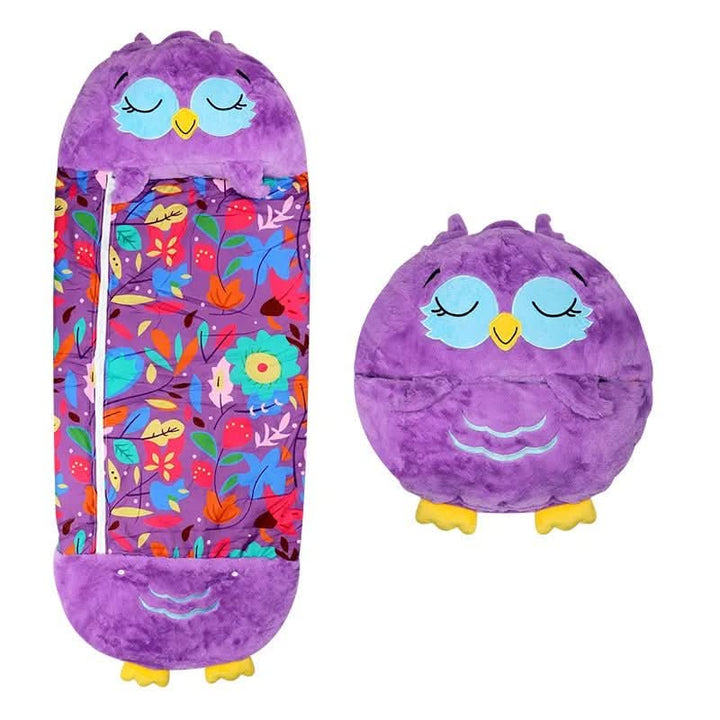 Sac de couchage peluche enfant 2-en-1 transformé en doudou géant animal, pour jouer confortablement.