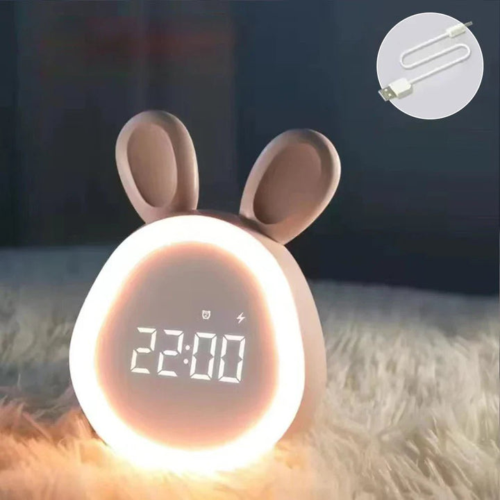 Réveil lapin pour enfants, veilleuse LED douce en silicone rechargeable. Idéal pour chambre enfant.