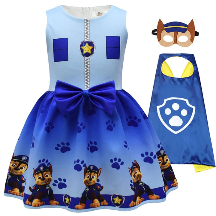 Déguisement fille Pat Patrouille avec robe, cape et masque, parfait pour Halloween enfant.