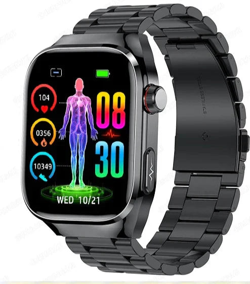 Montre intelligente Bluetooth, compatible iOS/Android. Suivi glycémie et ECG pour votre santé.