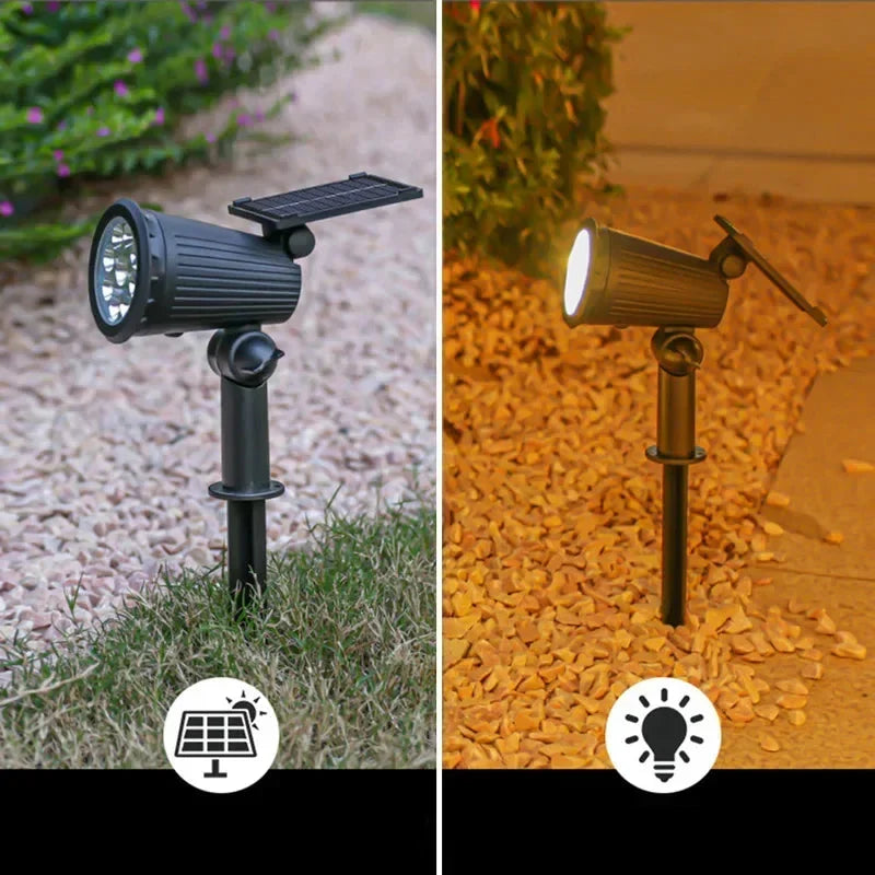 Projecteur solaire LED autonome pour éclairage de jardin ou extérieur, avec luminosité réglable et conception étanche.