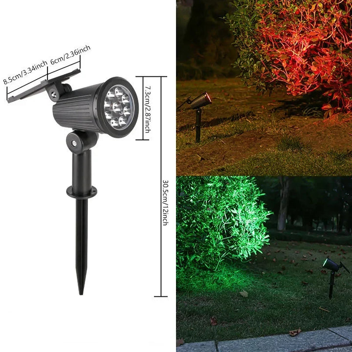 Projecteur LED solaire puissant illuminant un jardin la nuit, offrant un éclairage extérieur autonome et ajustable.