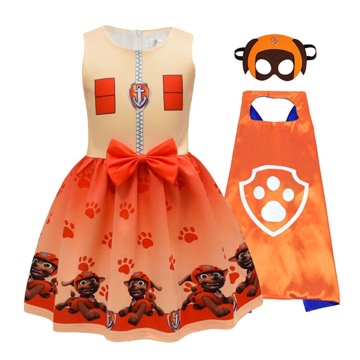 Déguisement fille Pat Patrouille complet : robe colorée, cape héroïque et masque amusant.
