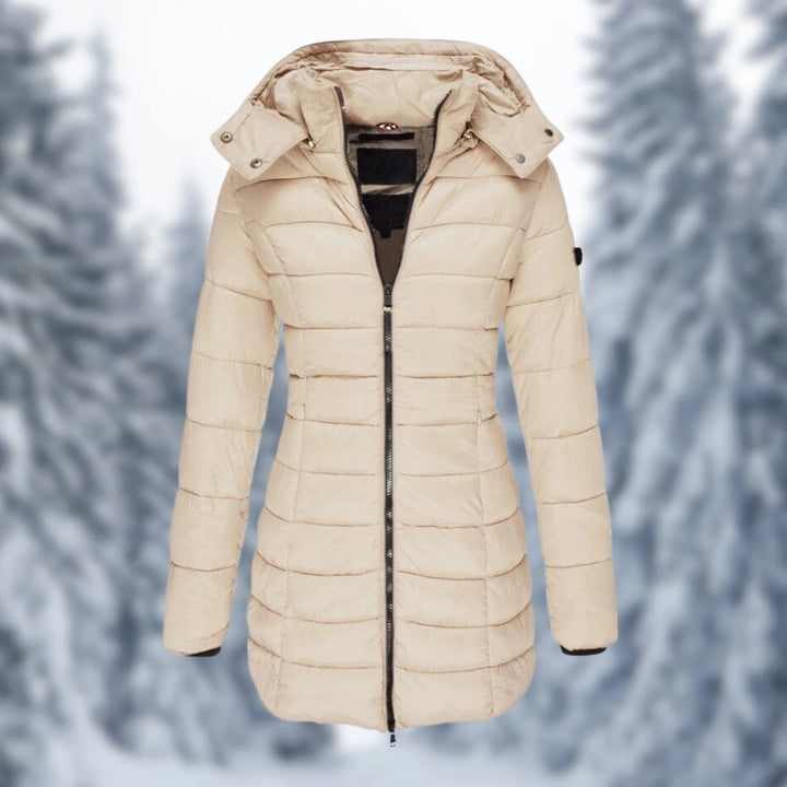 Parka femme élégante mi-longue, chaude, imperméable, idéale pour un hiver urbain.