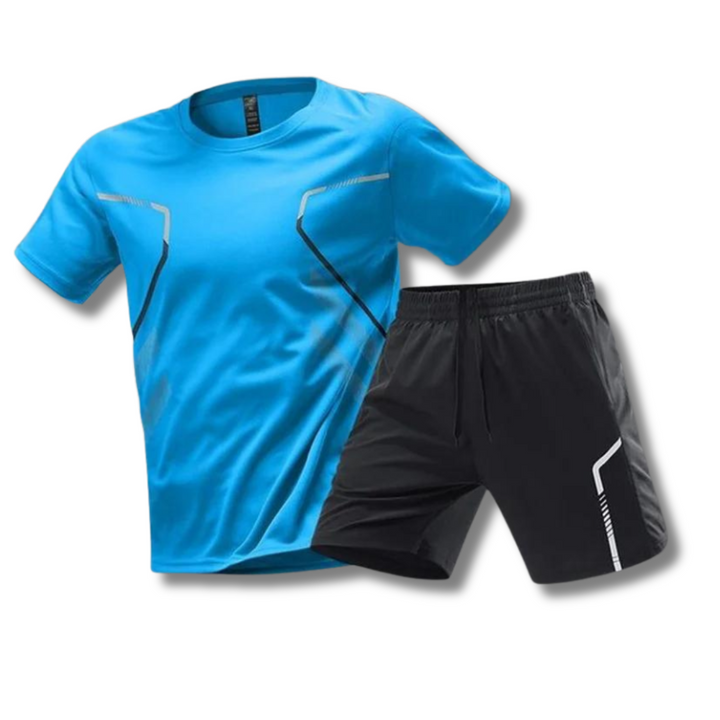 Homme en ensemble sport respirant: t-shirt séchage rapide & short. Tenue de gym et course confortable.