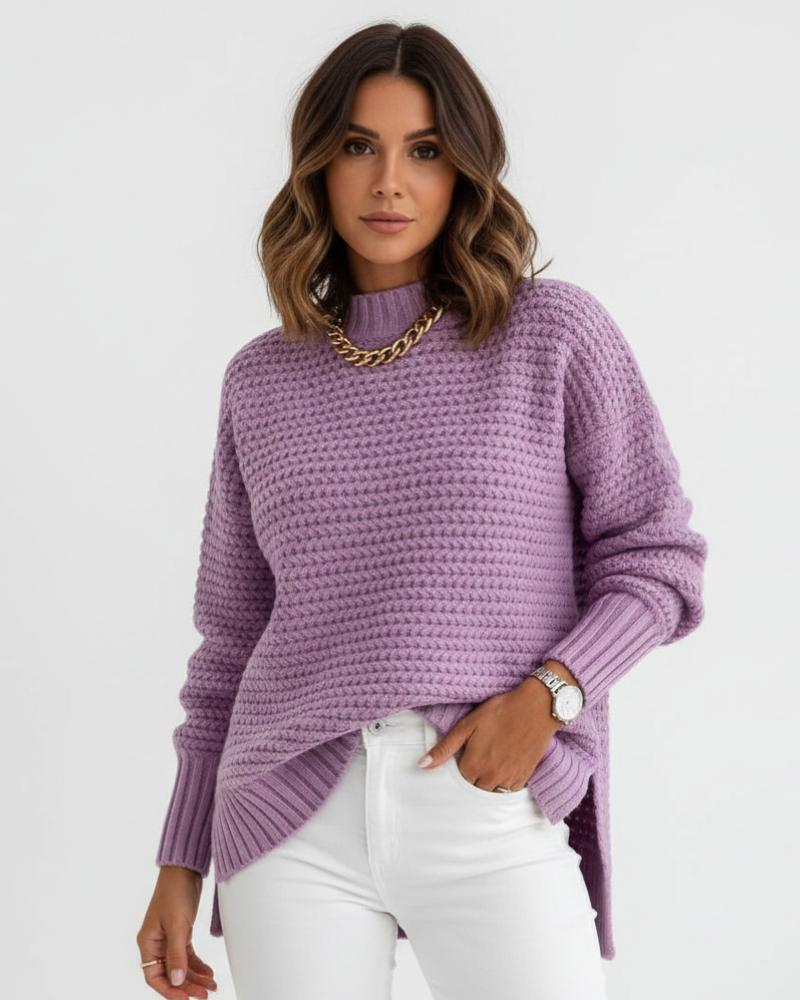 Pull femme col montant oversize beige, doux et confortable pour un style hivernal décontracté et élégant.