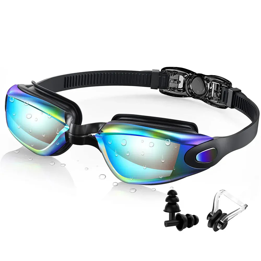 Lunettes de natation confortables en silicone, anti-buée et protection UV pour vision claire sous l'eau.
