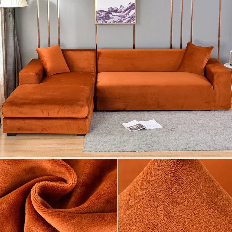 Housse de canapé en velours texturé, extensible, style raffiné et protection.