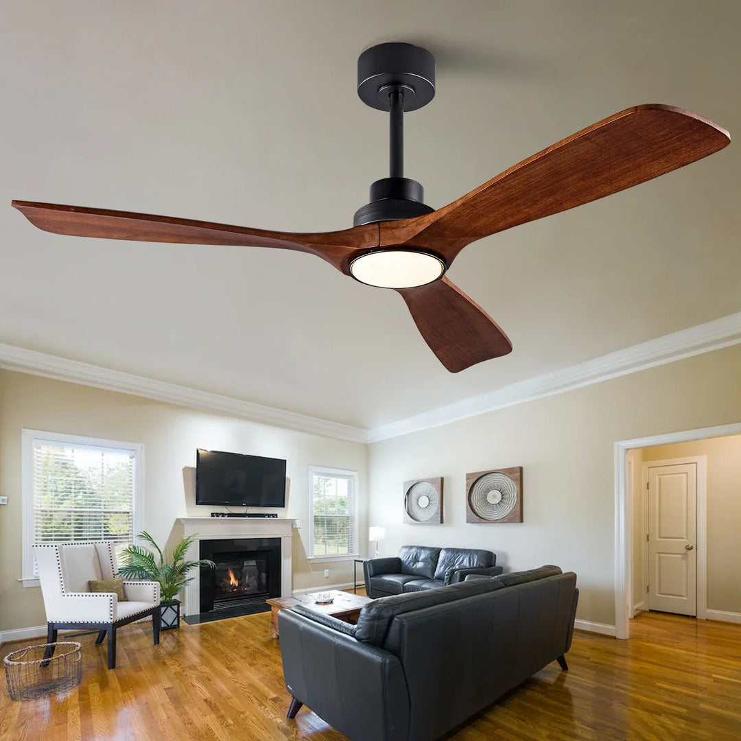 Ventilateur de plafond LED en bois avec télécommande. Éclairage ajustable et ventilation silencieuse pour maison.