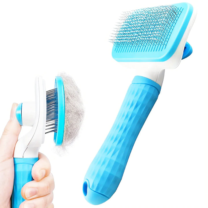 Brossage d'un chien avec la brosse auto-nettoyante. Élimine efficacement les poils morts. Pour un soin optimal.