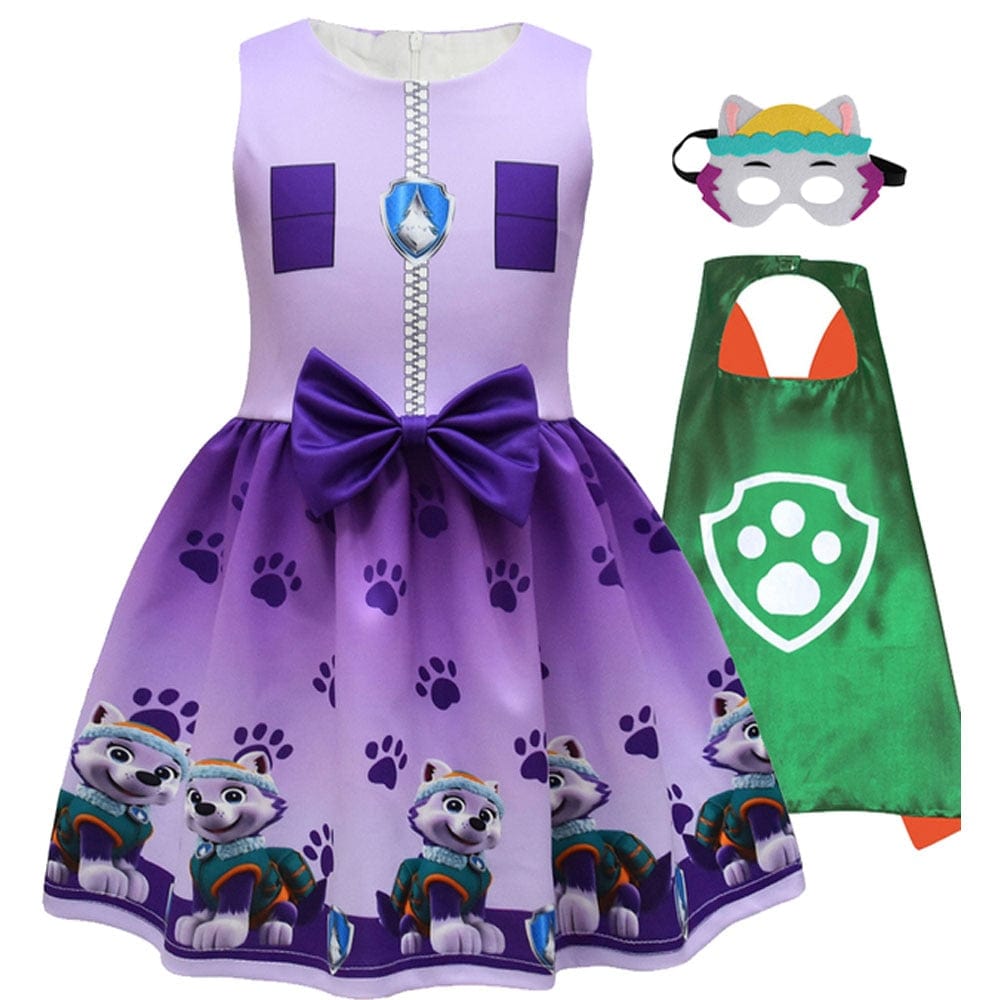 Tenue de fête Pat Patrouille pour enfant, incluant robe, cape et masque pour le jeu de rôle.