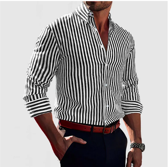 Chemise homme rayée confortable, coupe moderne. Tissu doux, idéale pour look décontracté ou élégant.