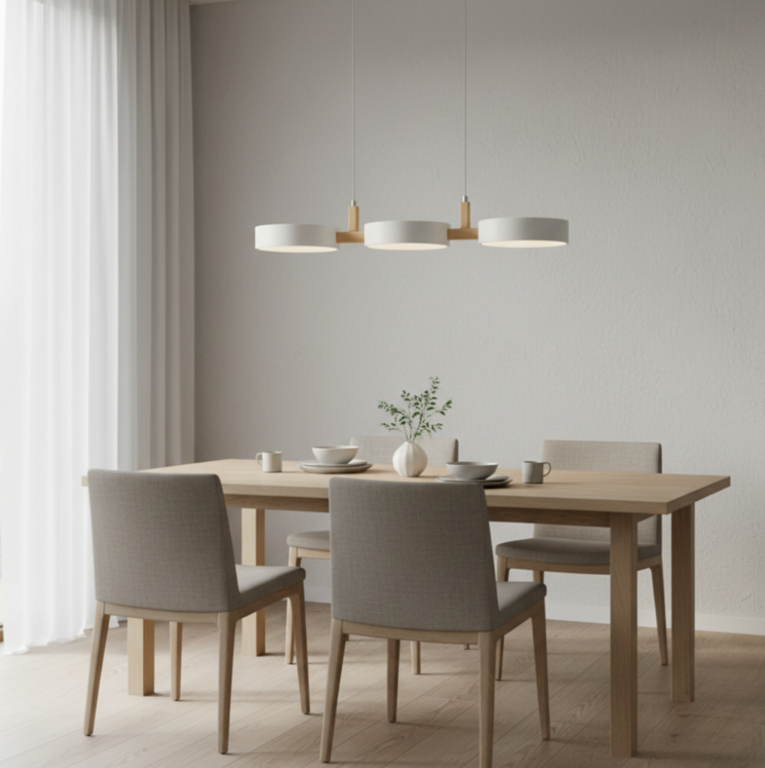 Détail du luminaire LED suspendu, design moderne et finitions de qualité supérieure.
