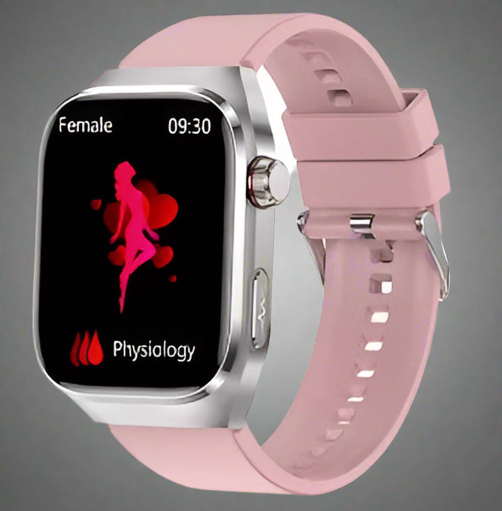 Montre connectée unisexe au poignet. Bracelet noir, écran lumineux, suivi santé et sport complet.