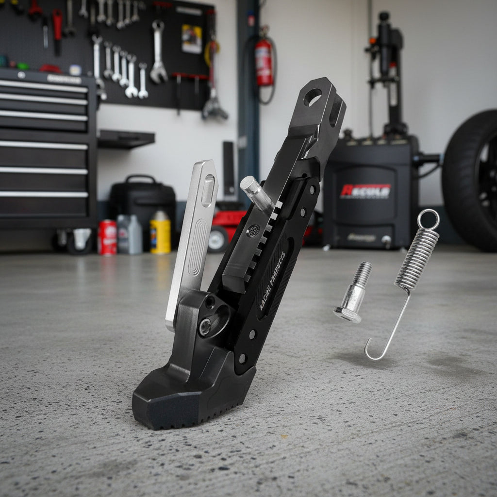 Support de béquille latérale moto noir pour stationnement sûr, conçu en métal durable.