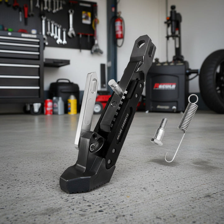 Support de béquille latérale moto noir pour stationnement sûr, conçu en métal durable.