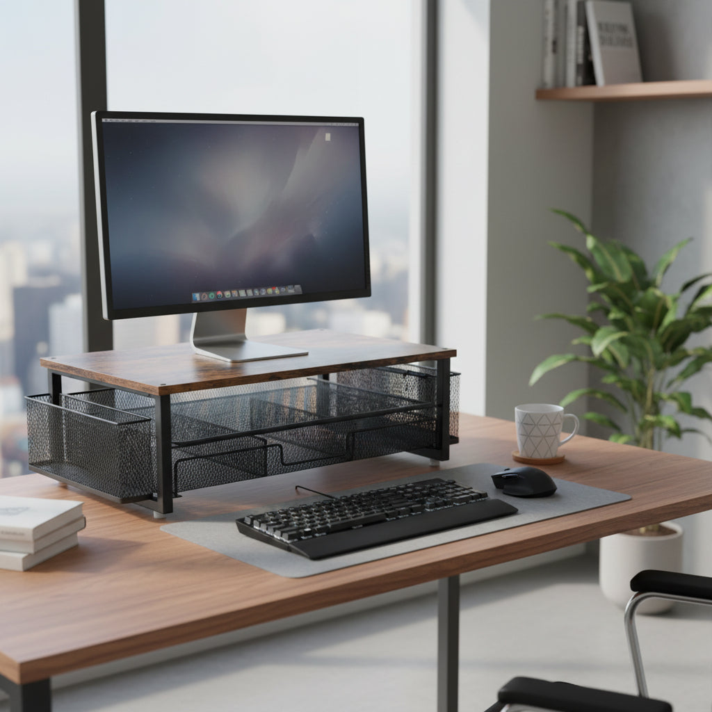 Étagère de bureau ergonomique en fer, support moniteur pour un poste de travail organisé et confortable.