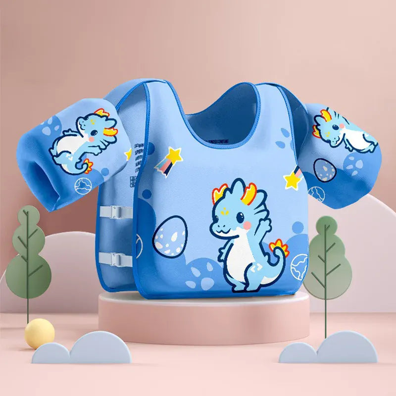 Vue d'un gilet flottant enfant avec brassards intégrés, offrant sécurité et flottabilité à l'eau.