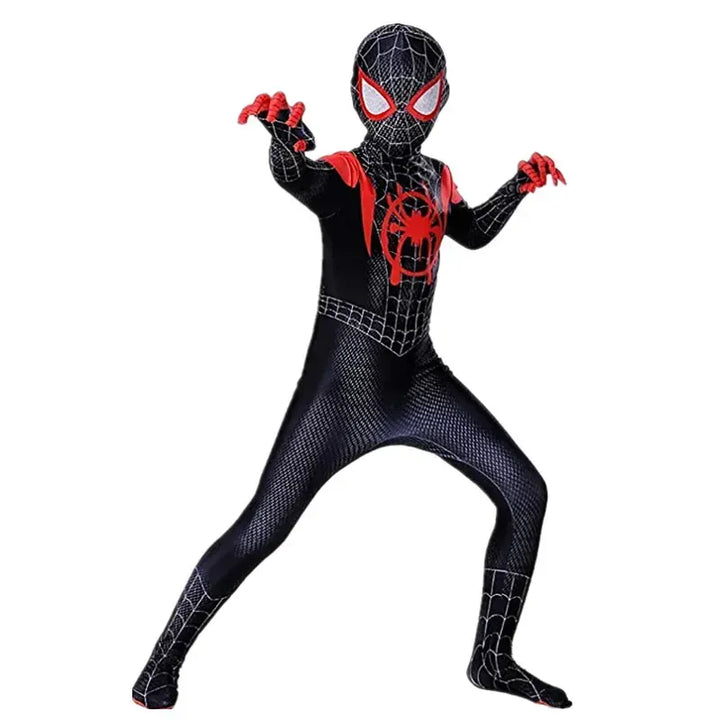 Déguisement Spiderman enfant 3D en polyester élastique, incluant un masque détaillé.