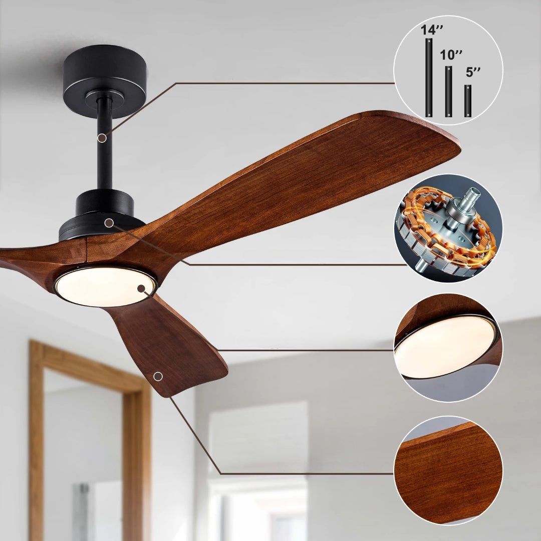 Ventilateur de plafond LED en bois pour salon. Silencieux, avec télécommande, éclairage moderne pour confort.
