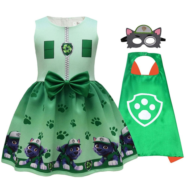 Cosplay Pat Patrouille pour enfant, robe à motif, cape fluide et masque réaliste du personnage.