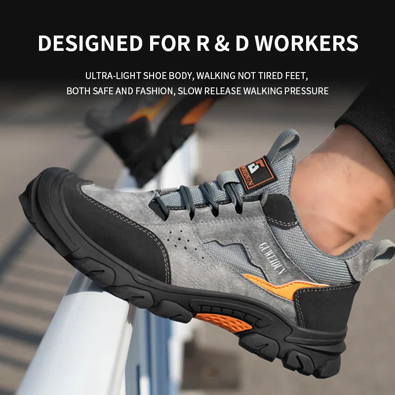 Chaussures de sécurité en cuir PU pour hommes et femmes, avec embout acier. Idéales pour une protection fiable au travail.