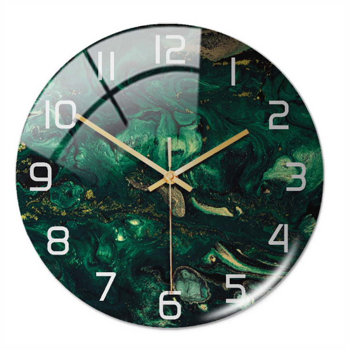 Horloge murale silencieuse en acrylique, motif marbre, style contemporain pour cuisine.