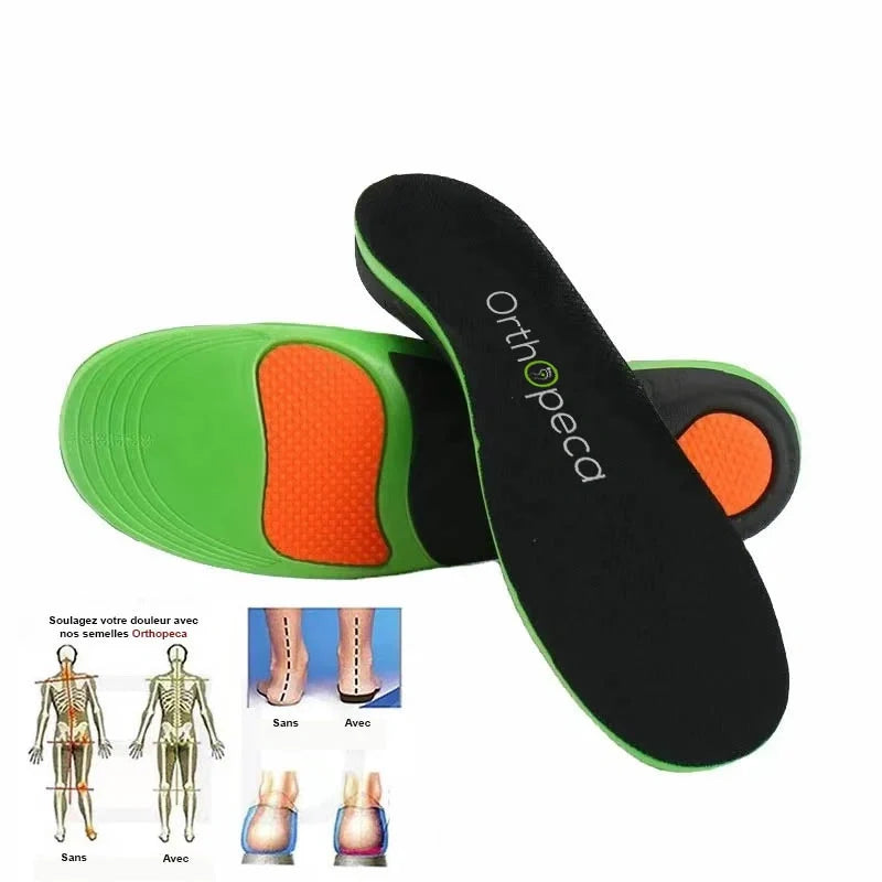 Semelles orthopédiques ajustables, amortissantes et flexibles, pour confort quotidien et soulagement de la douleur.