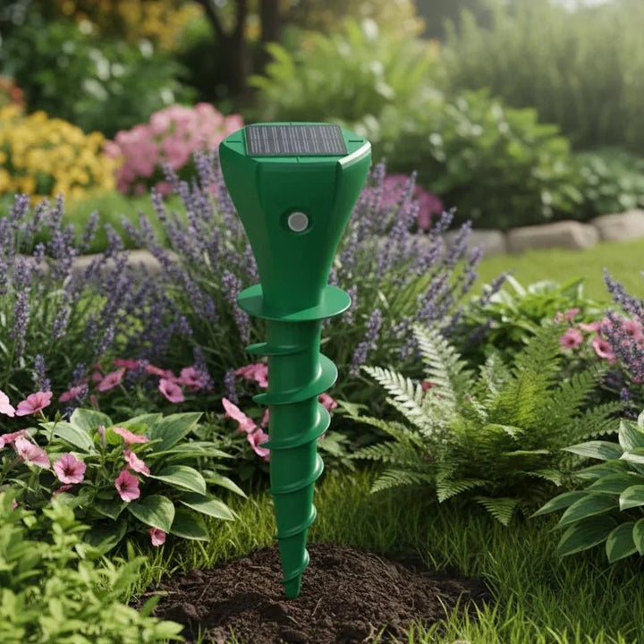 Répulsif solaire ultrasonique pour jardin, éloigne taupes et nuisibles, protection pelouse extérieure.