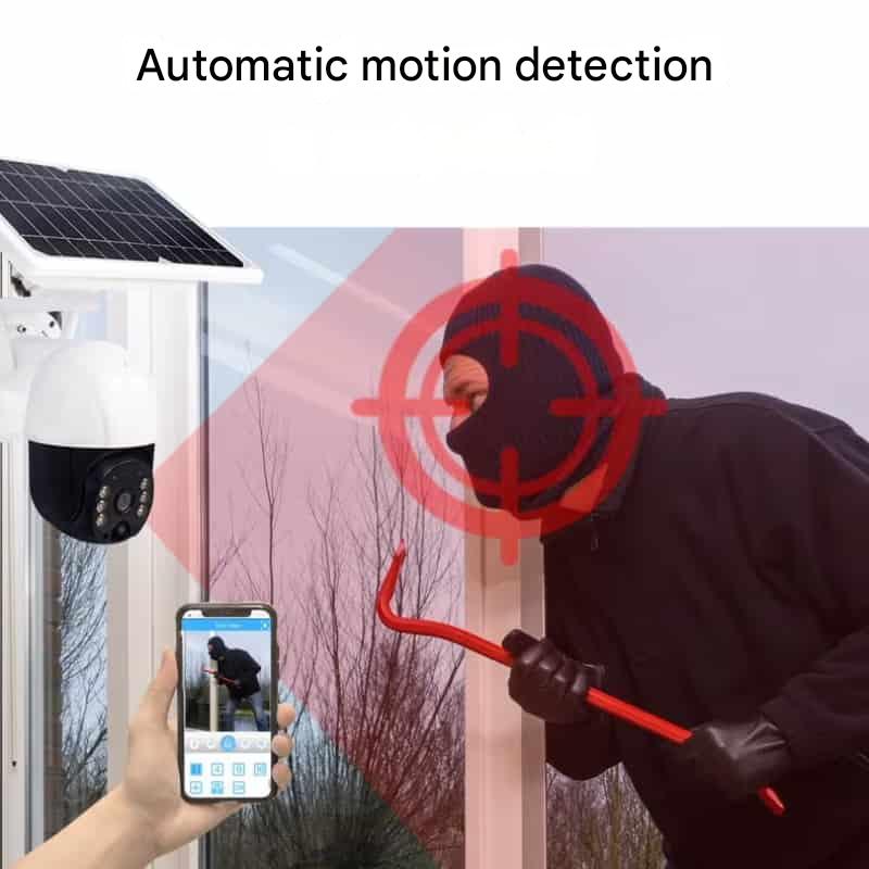 Caméra de sécurité solaire 4K extérieure sans fil, vision nocturne, surveillance PTZ pour propriété.