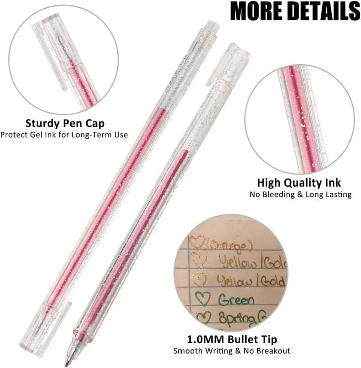 Assortiment de stylos paillettes pour art créatif, idéal pour le dessin, la peinture et les œuvres scintillantes.