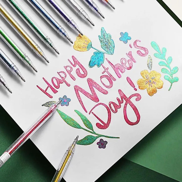 Stylos à encre gel pailletée, parfaits pour le coloriage adulte, le scrapbooking et les cartes personnalisées.