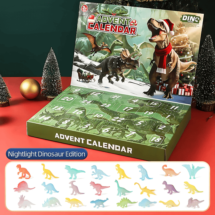 Calendrier de l'Avent dinosaures pour enfants, jouets préhistoriques et surprise veilleuse incluse.